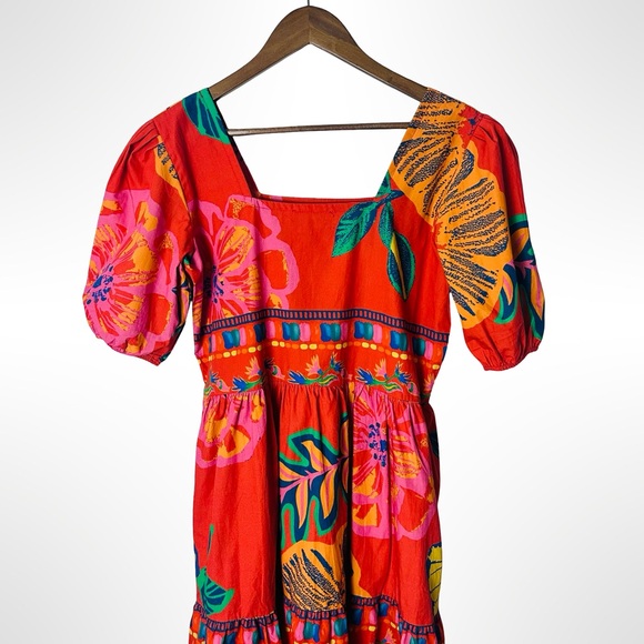 Maude Vivante Aria Dress Medium Red Floral Puff Sleeves Colorful Vacation Resort - Picture 9 of 13